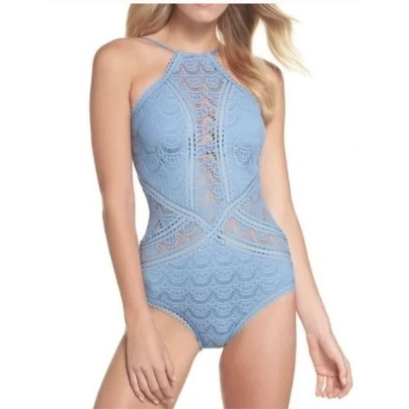Becca by Rebecca Virtue Women's Reveal High Neck One-Piece Swimsuit Blue Medium